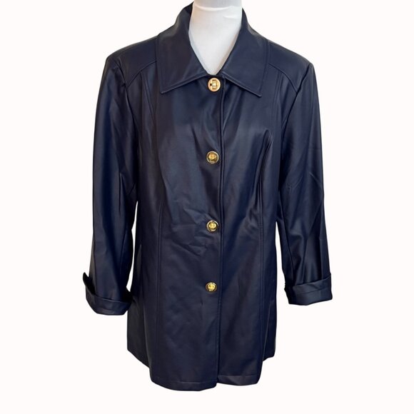 Dennis Basso Navy Jacket Faux Leather Gold Button Up Coat Womens 1X Mid Length - Picture 1 of 14